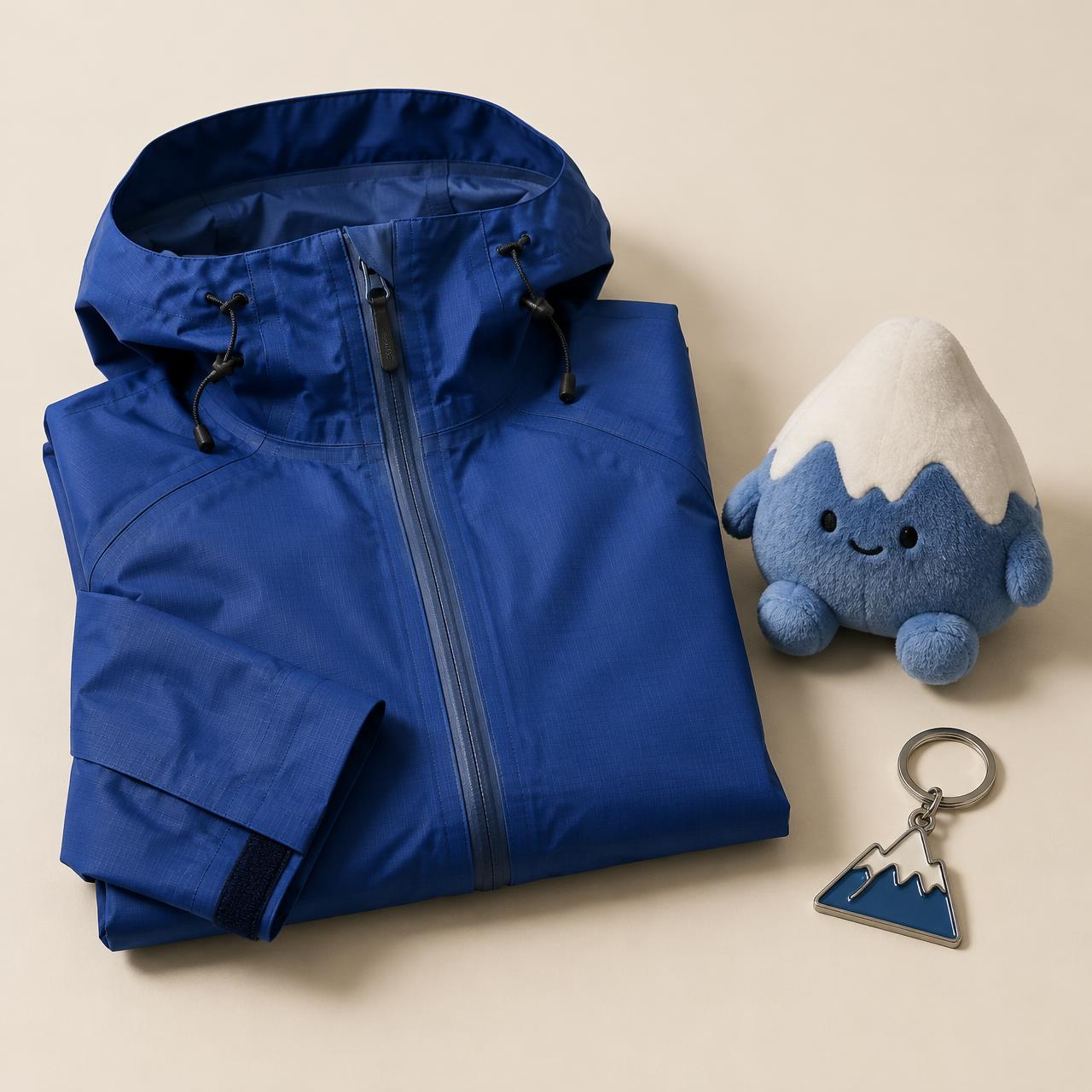 Cobalt ripstop jacket, mountain plushie, and enamel keychain developed together